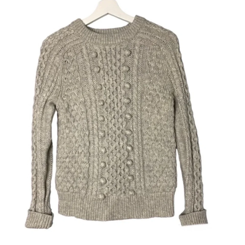 J. CREW Gray Wool Blend Popcorn Chunky Casual Cable Knit Fisherman Sweater XS